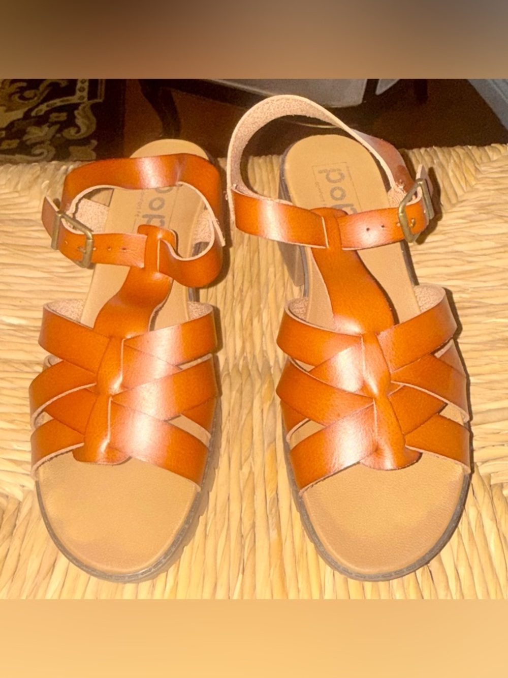 Pre-Loved POP Fit Women's Cognac Woven Leather Ankle-Strap Sandals